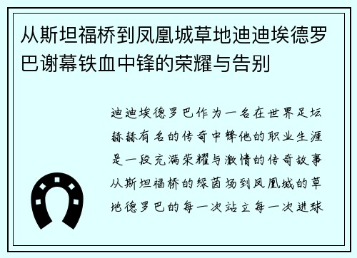 从斯坦福桥到凤凰城草地迪迪埃德罗巴谢幕铁血中锋的荣耀与告别 从斯坦福桥到凤凰城草地迪迪埃德罗巴谢幕铁血中锋的荣耀与告别